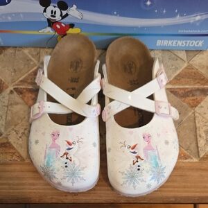 Birkenstock Kids White Clogs with Pink Buckles and Frozen Characters